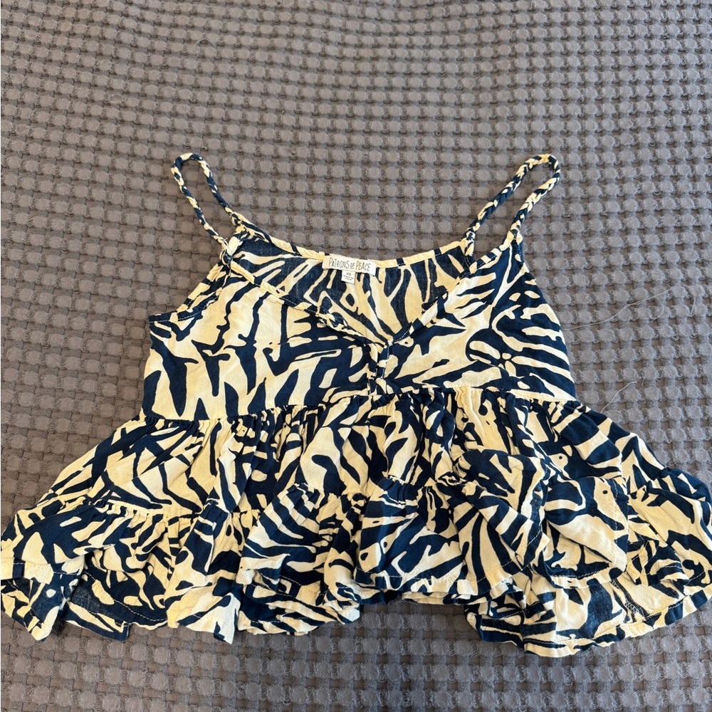 Patrons of Peace Babydoll Tank Top Cream & Navy Ruffle Peplum